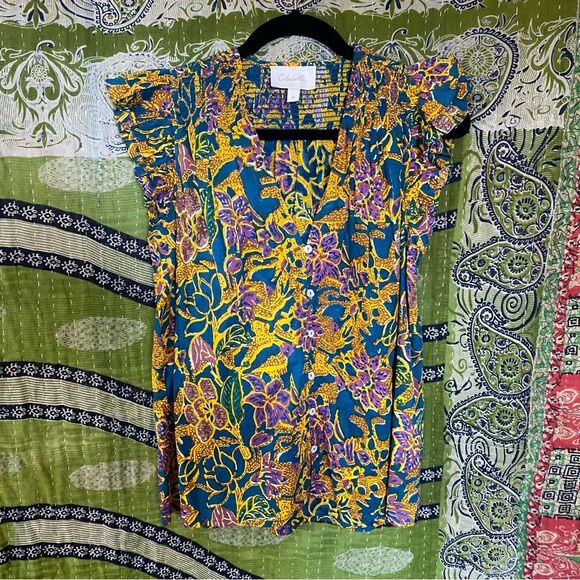 Cleobella Multicolored Chloe Indoblockprint Button Down Blouse Size Medium - Picture 3 of 14
